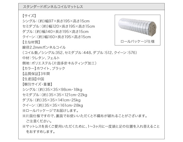 スタンダードボンネルコイルマットレス　サイズ表