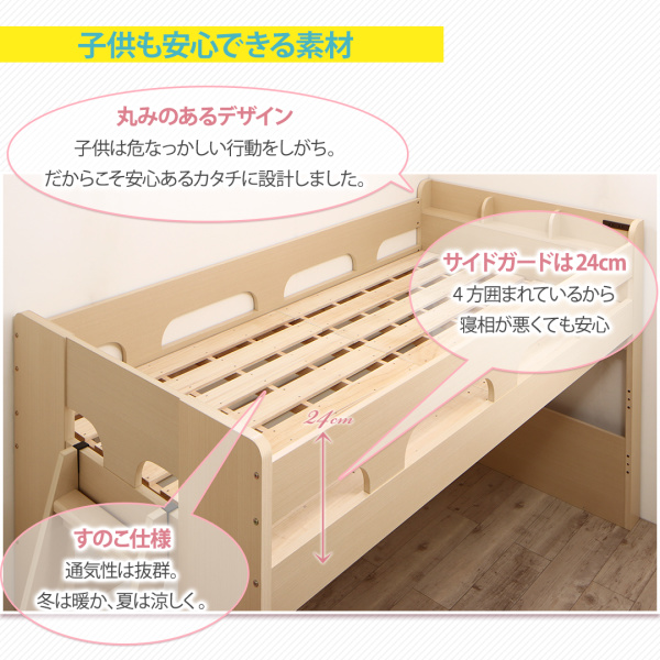 【子供も安心できる素材】丸みのあるデザイン、すのこ仕様、再度ガードは高さ24cm