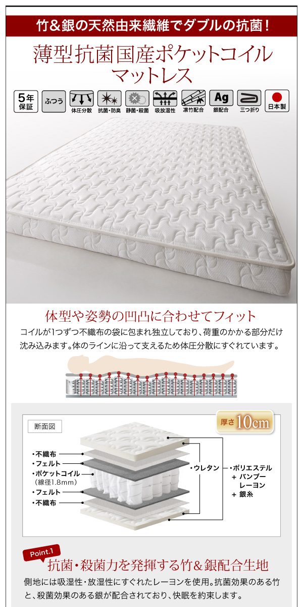 薄型抗菌国産ポケットコイル「5年保証、かたさ：ふつう、体圧分散、抗菌・防臭、静菌・殺菌、吸放湿性、凛竹配合、銀配合、三つ折り、日本製」
