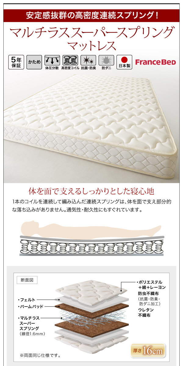 フランスベッド社製 マルチラス スーパー スプリング マットレス「5年保証、かたさ：かため、体圧分散、高密度コイル、抗菌・防臭、防ダニ、日本製、フランスベッド社製」