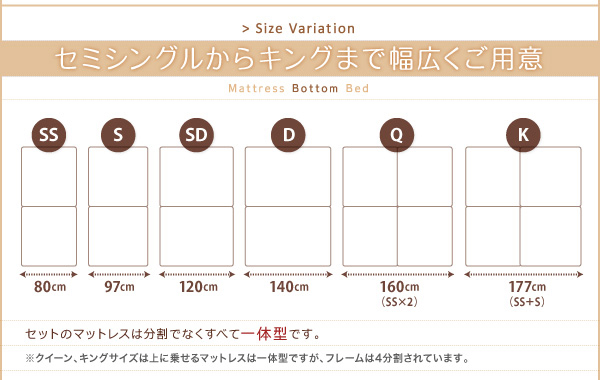 セミシングルからキングまで、幅広いサイズバリエーション