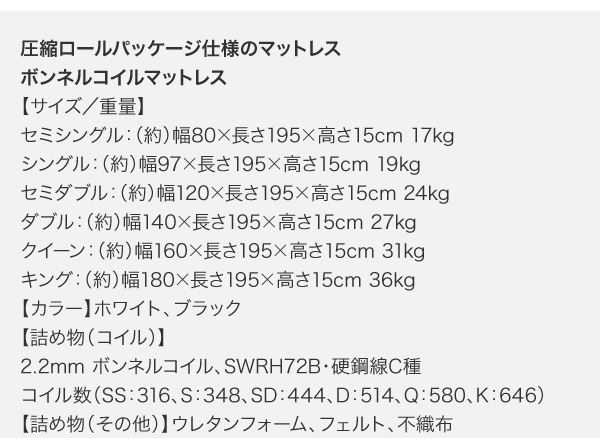 ボンネルコイルマットレス 仕様・梱包サイズ表