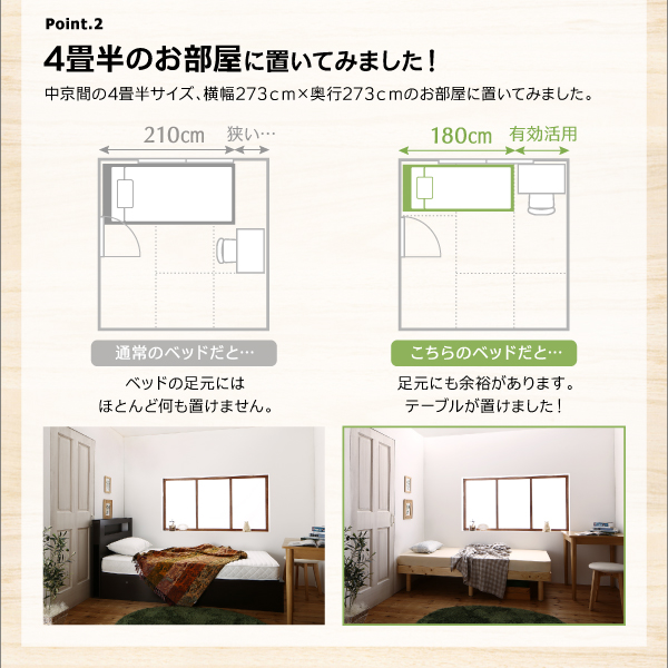 4畳半のお部屋でも、足元に余裕があり、テーブルが置けます。