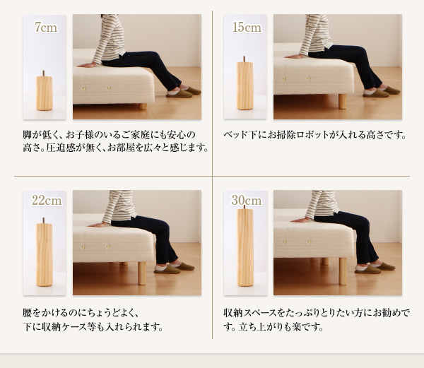 脚の高さは「7cm」「15cm」「22cm」「30cm」