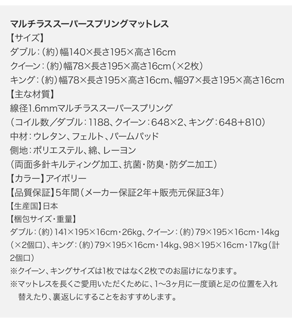 マルチラススーパースプリングマットレス 寸法表 梱包サイズ表
