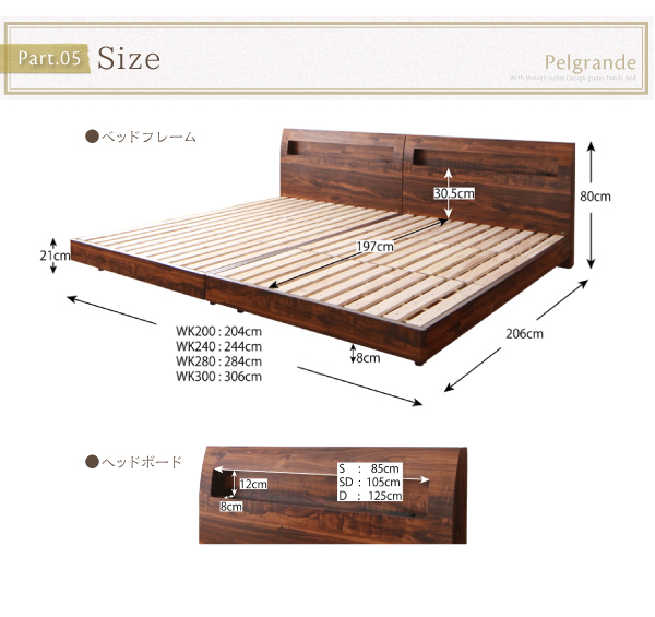 【ペルグランデ】 連結フロアベッド フレーム部位別サイズ表