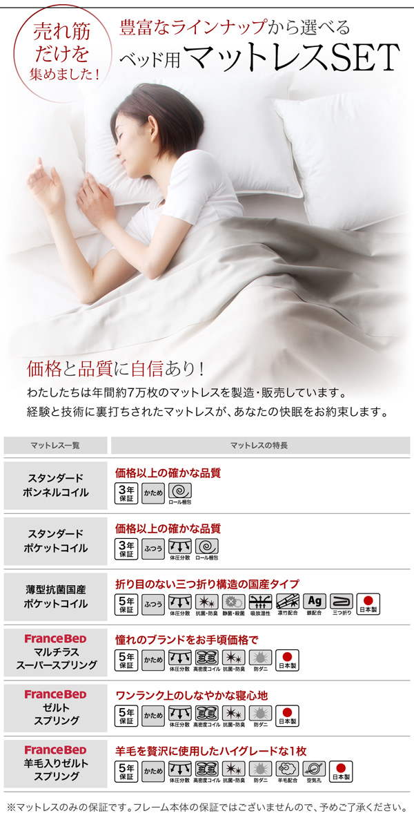 ベッド用マットレスセットは、売れ筋だけを集めました。豊富なラインナップから選べます。