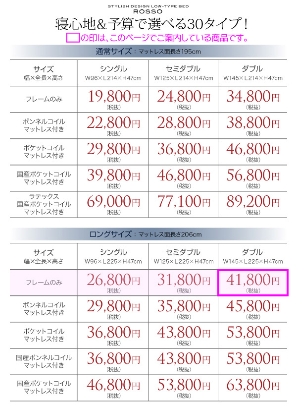この商品は「ロングサイズ フレームのみ ダブルベッド」です。（マットレスは付きません。）