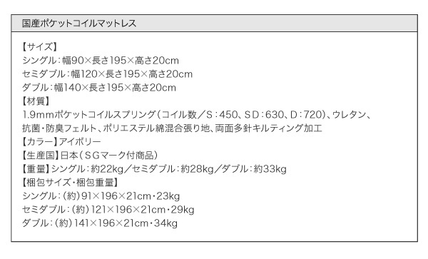 国産ポケットコイルマットレス：サイズ表