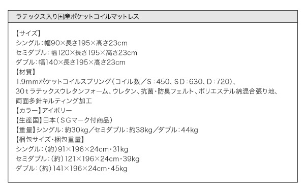 ラテックス入り国産ポケットマットレス：サイズ表