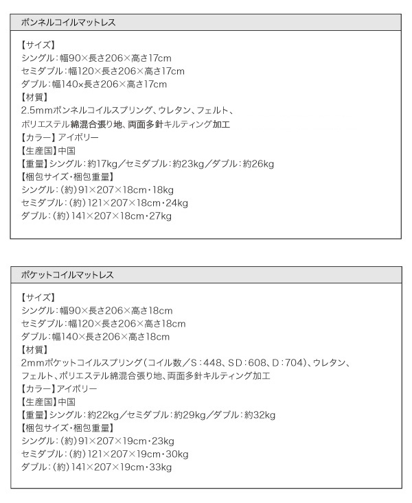 ボンネルコイルマットレス、ポケットコイルマットレス：サイズ表