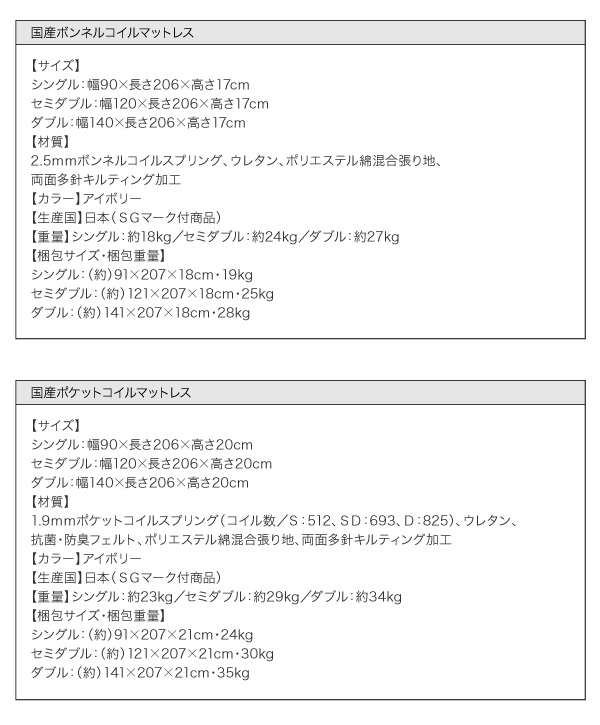 国産ボンネルコイルマットレス、国産ポケットコイルマットレス：サイズ表