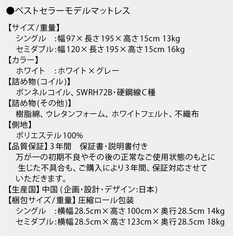 ベストセラーモデルマットレス 寸法表 梱包サイズ表
