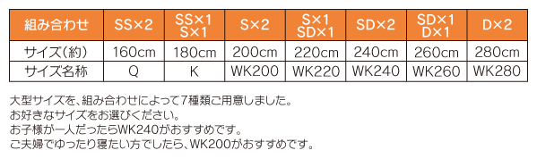 大型サイズを７種類ご用意しました。お子様が一人だったら「WK240」がおすすめです。ご夫婦でゆったり寝たい方でしたら「WK200」がおすすめです。