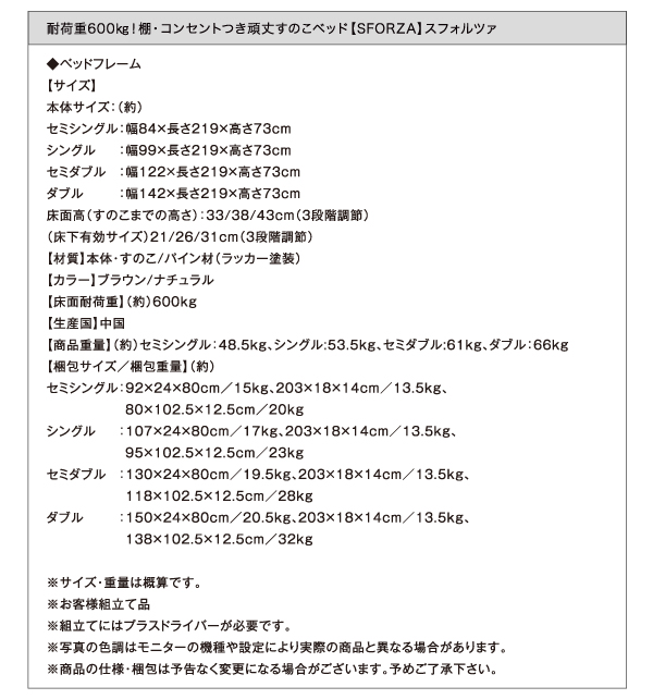 【スフォルツァ】梱包仕様・サイズ表