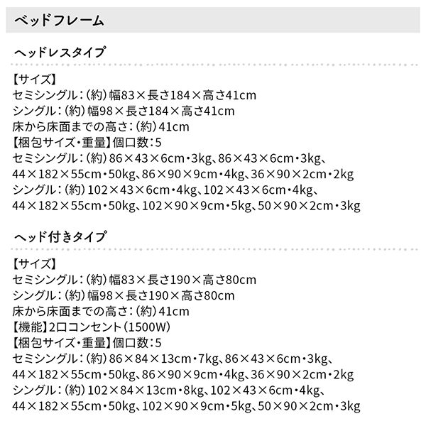 【ショコット】フレーム寸法表 梱包サイズ表