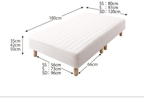 ショート丈 脚付きマットレスベッド 部位別サイズ