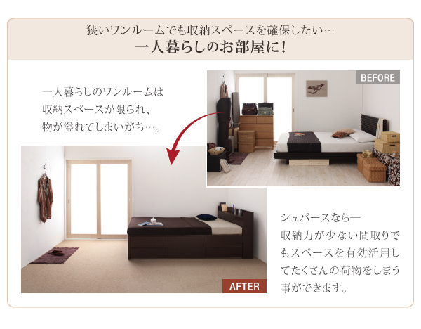 狭いワンルームでも収納スペースを確保したい・・・一人暮らしのお部屋に最適なベッドです！