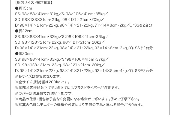 分割式ポケットコイルマットレスベッド：梱包サイズ表