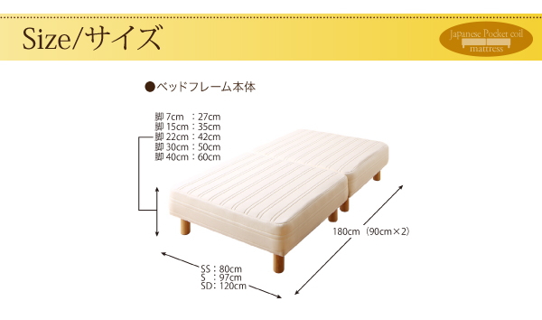 分割式コンパクトショート丈 脚付きマットレスベッド フレーム部位別サイズ表