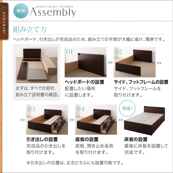 ヘッドボード、引き出しが完成品のため、組み立ての手間が大幅に省け、簡単です。