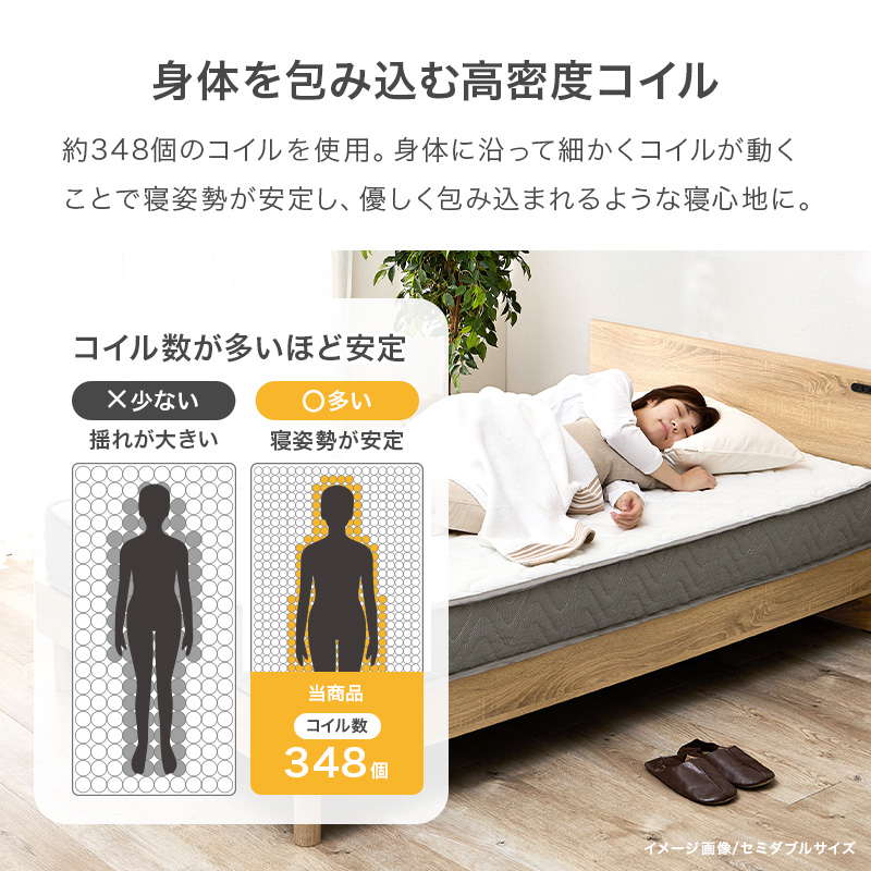 【身体を包み込む高密度コイル】約348個のコイルを使用（セミシングルサイズ）。身体の沿って細かくコイルが動くことで寝姿勢が安定し、優しく包み込まれるような寝心地に。