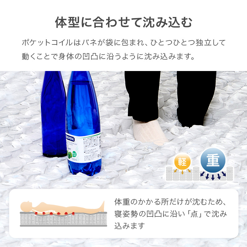 【体型に合わせて沈み込む】ポケットコイルはバネが袋に包まれ、ひとつひとつ独立して動くことで、身体の凹凸に沿うように沈み込みます。体重のかかかる所だけが沈むため、寝姿勢の凹凸に沿い「点」で沈み込みます。