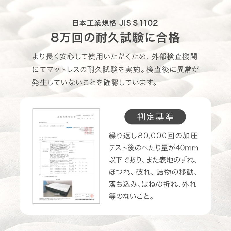 【日本工業規格 JIS S 1102 8万回の耐久試験に合格】より長く安心して使用いただくため、外部検査機関にてマットレスの耐久試験を実施。検査後に以上が発生していないことを確認しています。