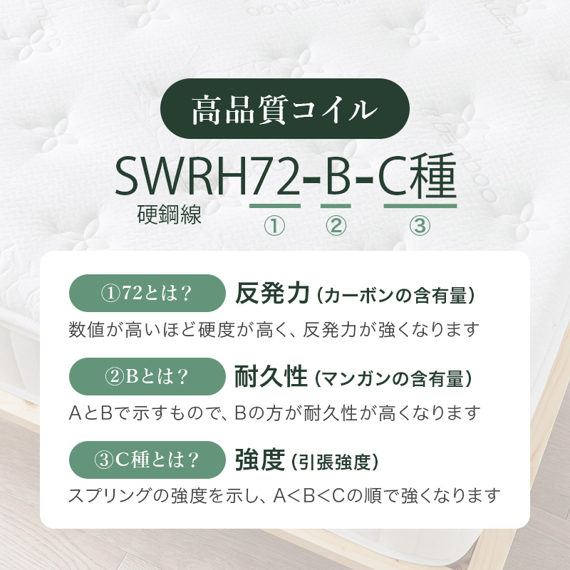 【高品質コイル SWRH72-B-C種】「72とは」反発力、カーボンの含有量、数値が高いほど硬度が高く、反発力が強くなります。「Bとは」耐久性、マンガンの含有量、AとBで示すもので、Bの方が耐久性が高くなります。「C種とは」強度、引張強度、スプリングの強度を示し、A＜B＜Cの順で強くなります。