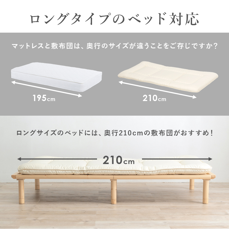 ロングタイプのベッド対応。マットレスと敷布団は、奥行のサイズが違うことをご存じですか？ ロングサイズのベッドには、奥行210cmの敷布団がおすすめ！