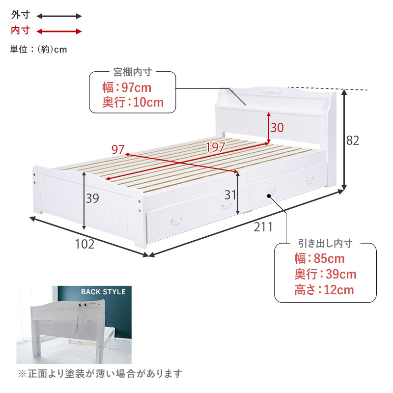 【レギュラー丈 引き出し付き収納ベッド 棚・コンセント付き すのこベッド】フレームの部位別寸法表 梱包サイズ表