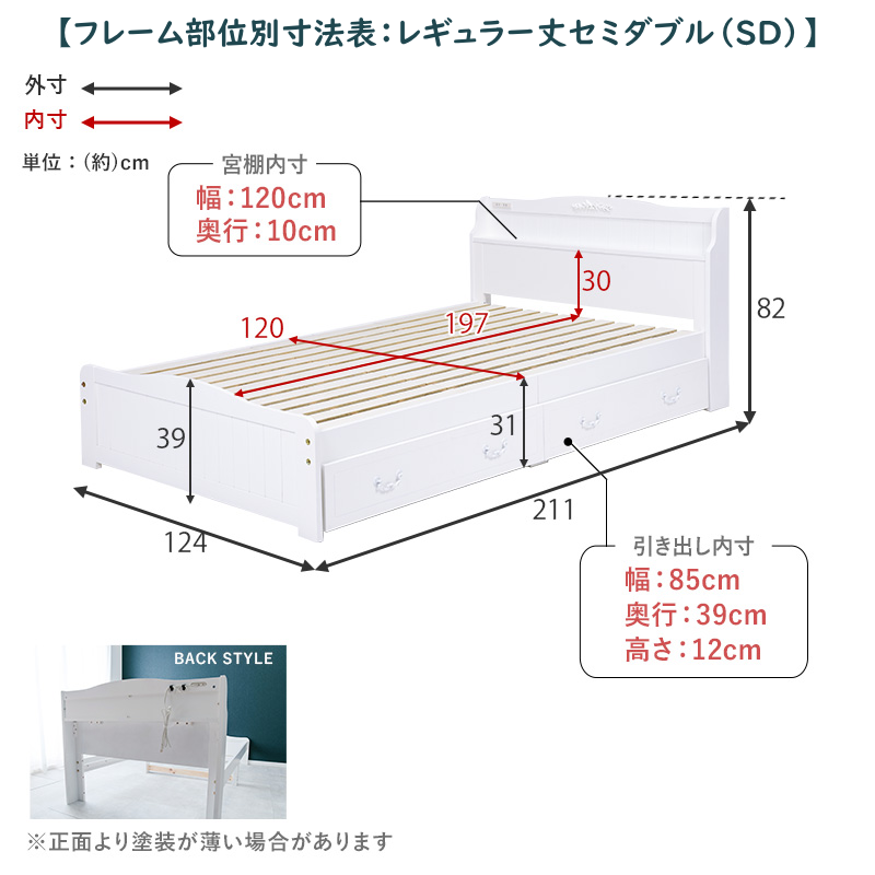【フレーム部位別寸法表】レギュラー丈セミダブル(SD)