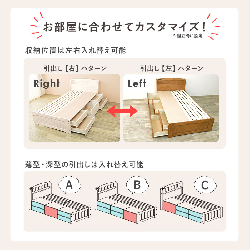 お部屋に合わせてカスタマイズ。収納位置は左右入れ替え可能。薄型・深型の引出しは入れ替え可能