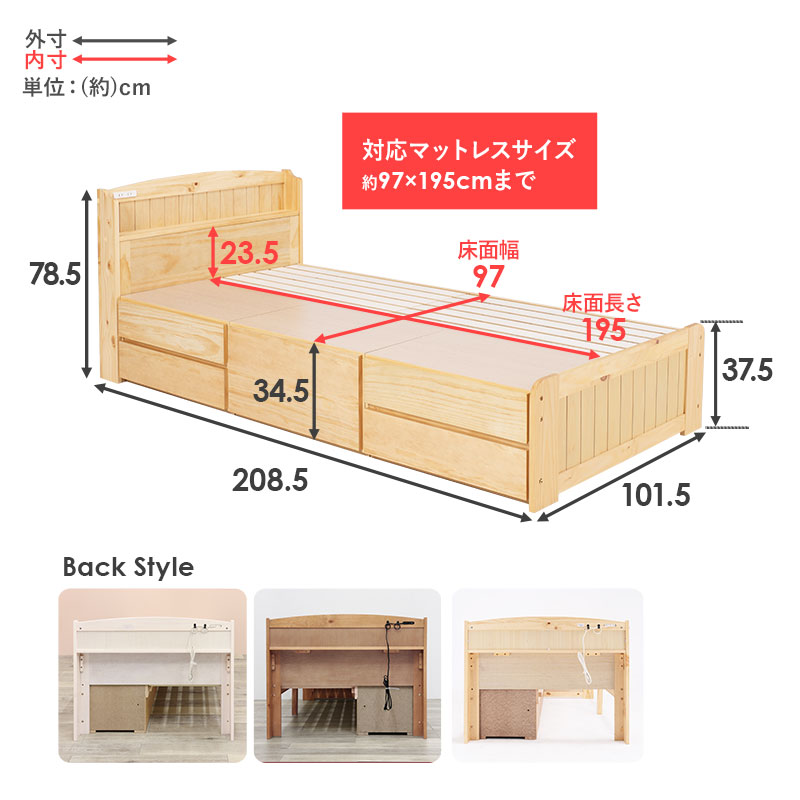 【棚・コンセント付き チェストベッド】フレームの部位別寸法表 梱包サイズ表