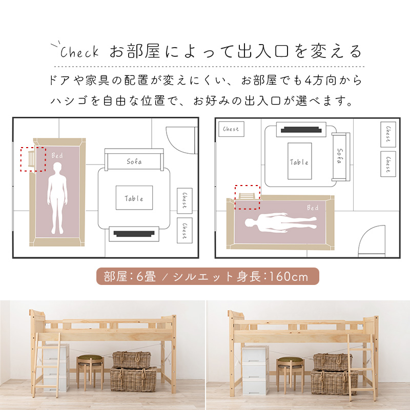 【お部屋によって出入口を変える】ドアや家具の配置が変えにくいお部屋でも、4方向からハシゴを自由な位置で、お好みの出入り口が選べます。