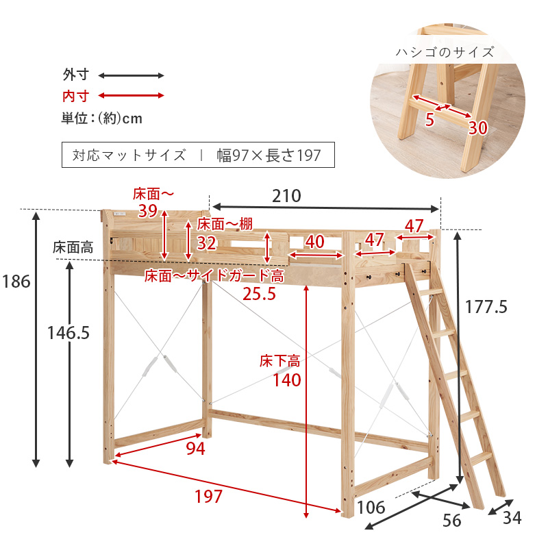 【天然木ロフトベッド】フレームの部位別寸法表 梱包サイズ表
