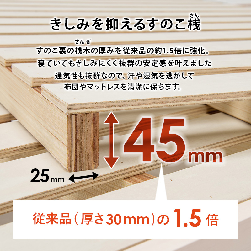 【きしみを抑える すのこ桟】耐荷重350kg 設計で、すのこ裏の桟木（さんぎ）の厚みを従来品の1.5倍に強化。寝ていても、きしみにくく、抜群の安定感を叶えました。通気性も抜群なので、汗や湿気を逃がして、布団やマットレスを清潔に保ちます。