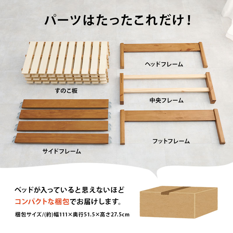 パーツは、たったこれだけ！ベッドが入っているとは思えないほどコンパクトな梱包でお届けします。