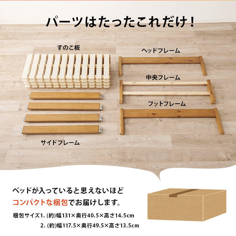 パーツは、たったこれだけ！ベッドが入っているとは思えないほどコンパクトな梱包でお届けします。