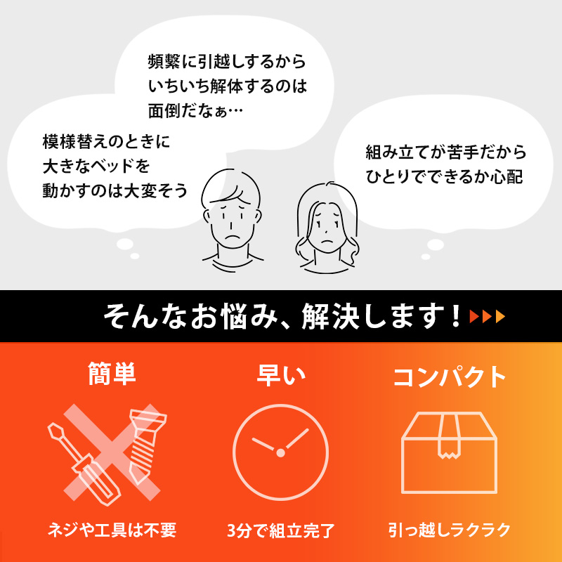 こんなお悩みありませんか？ 「模様替えのとき、大きなベッドを動かすのは大変そう」「頻繁に引越しするから、いちいち解体するのは面倒だなぁ・・・」「組立が苦手だから、ひとりでできるか心配」→ そんなお悩みを解決　→「簡単、工具不要」「早い、3分で組立完了」「コンパクト、引っ越しラクラク！」
