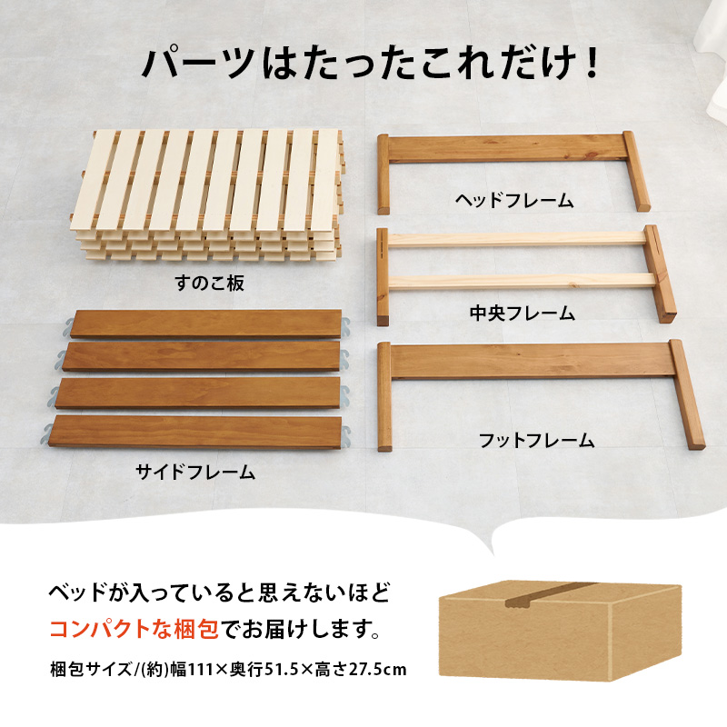パーツは、たったこれだけ！ベッドが入っているとは思えないほどコンパクトな梱包でお届けします。