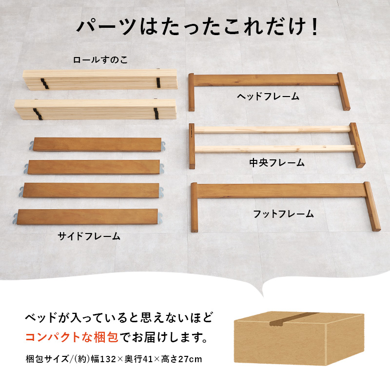 パーツは、たったこれだけ！ベッドが入っているとは思えないほどコンパクトな梱包でお届けします。