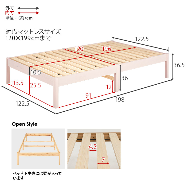 【簡単組立 天然木すのこベッド】フレームの部位別寸法表