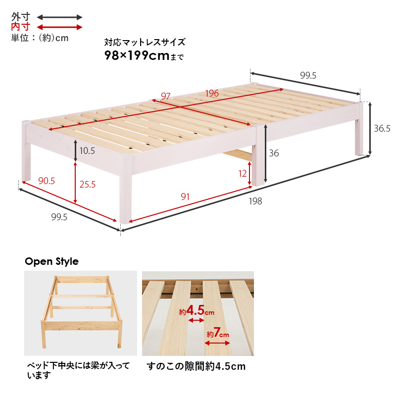 【組立簡単 すのこベッド】フレームの部位別寸法表 梱包サイズ表
