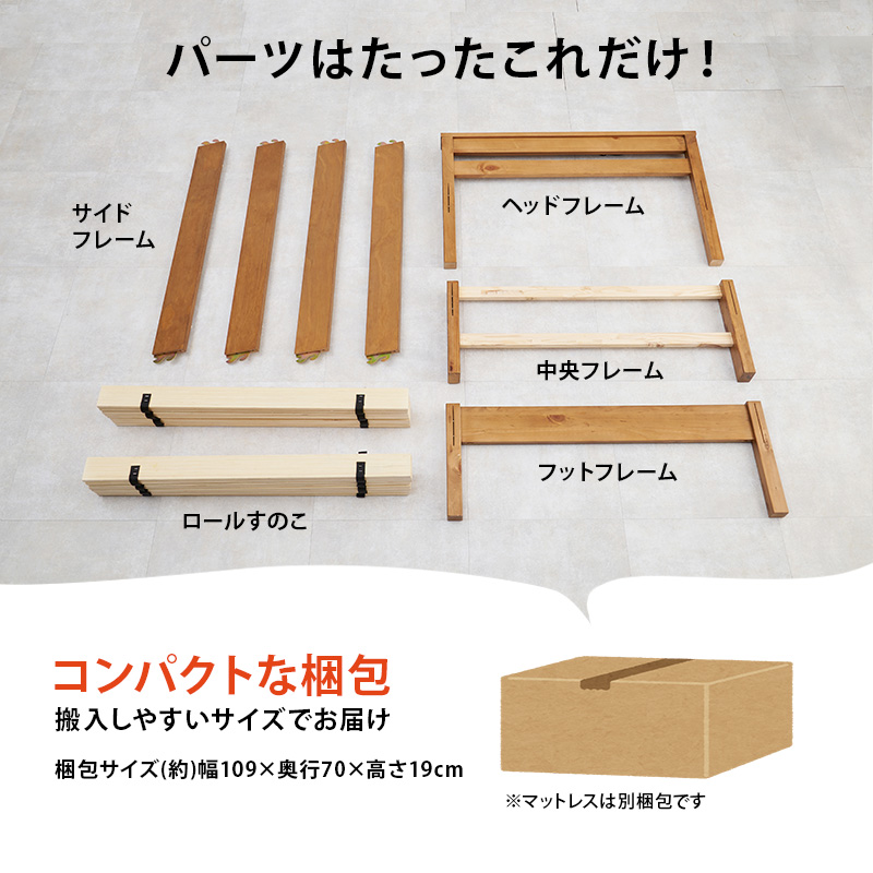 組み立てパーツは、たったこれだけ！ 引き出しは【完成品】でお届け。ベッドが入っているとは思えないほど、コンパクトな梱包でお届けします。