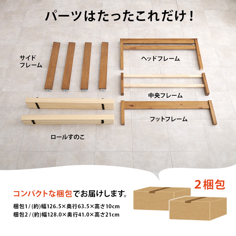 組み立てパーツは、たったこれだけ！ ベッドが入っているとは思えないほど、コンパクトな梱包でお届けします。