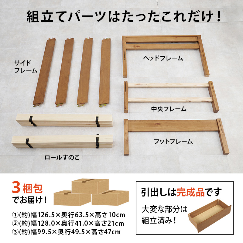 組み立てパーツは、たったこれだけ！ 引き出しは【完成品】でお届け。ベッドが入っているとは思えないほど、コンパクトな梱包でお届けします。