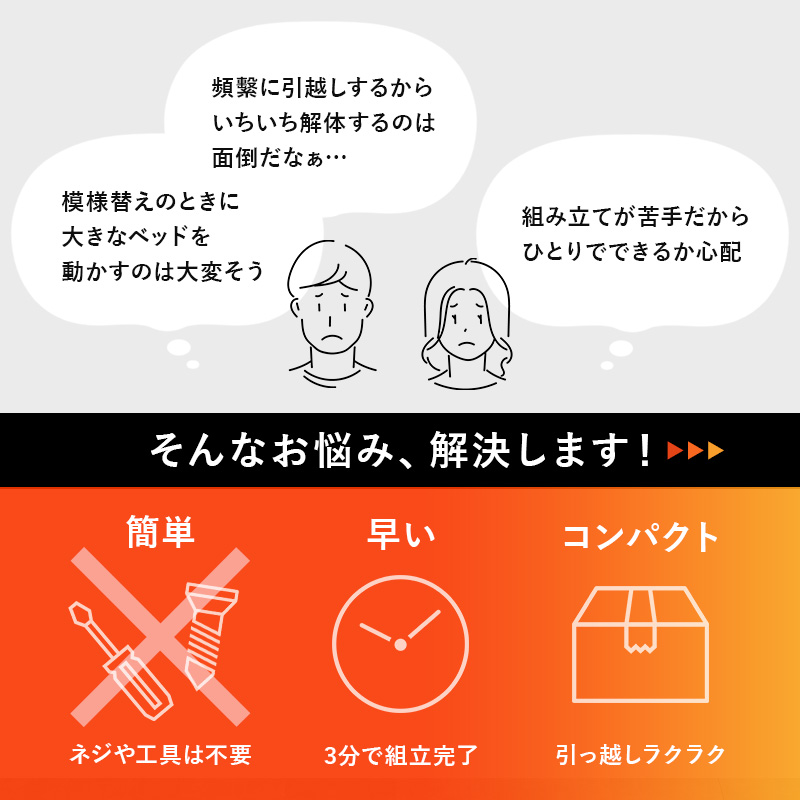 こんなお悩みありませんか？ 「模様替えのとき、大きなベッドを動かすのは大変そう」「頻繁に引越しするから、いちいち解体するのは面倒だなぁ・・・」「組立が苦手だから、ひとりでできるか心配」→ そんなお悩みを解決　→「簡単、工具不要」「早い、3分で組立完了」「コンパクト、引っ越しラクラク！」
