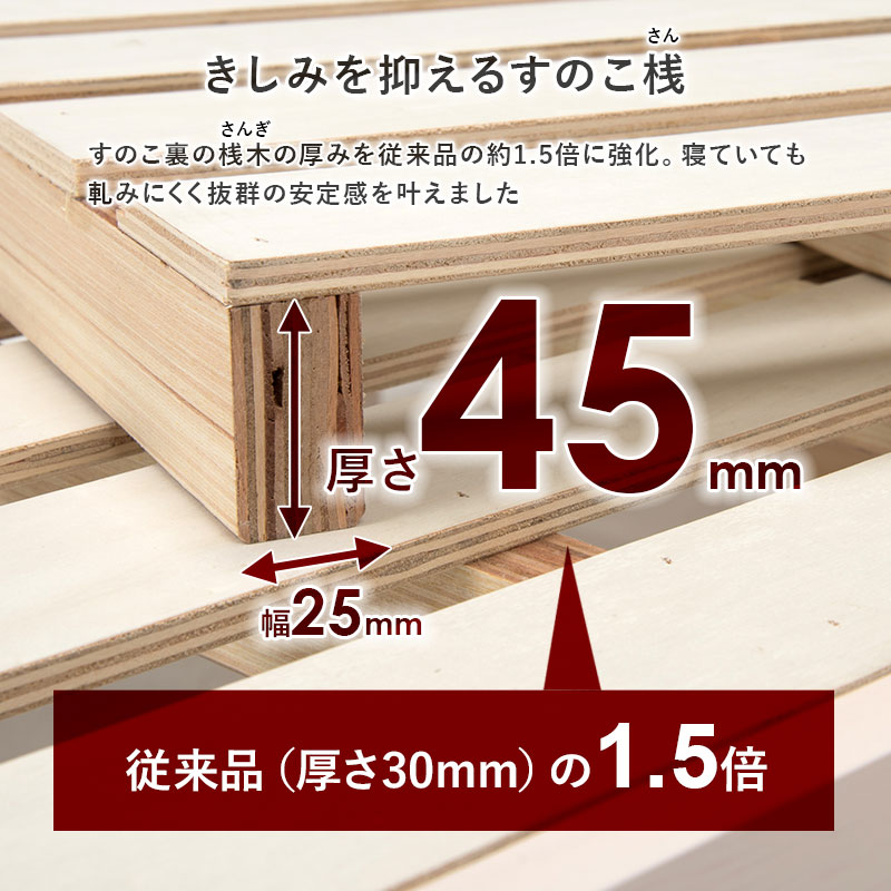 【きしみを抑える すのこ桟】すのこ裏の桟木の厚みを、従来品の約1.5倍に強化。寝ていても軋みにくく抜群の安定感を叶えました。