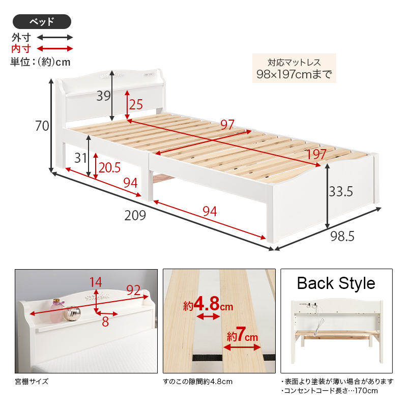 【簡単組立 棚・コンセント付き すのこベッド】フレームの部位別寸法表 梱包サイズ表